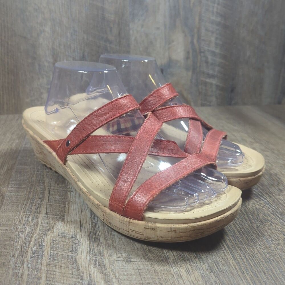 Crocs A-Leigh Red Leather Cork Wedge Women's Size 11 Sandals Comfort Shoes